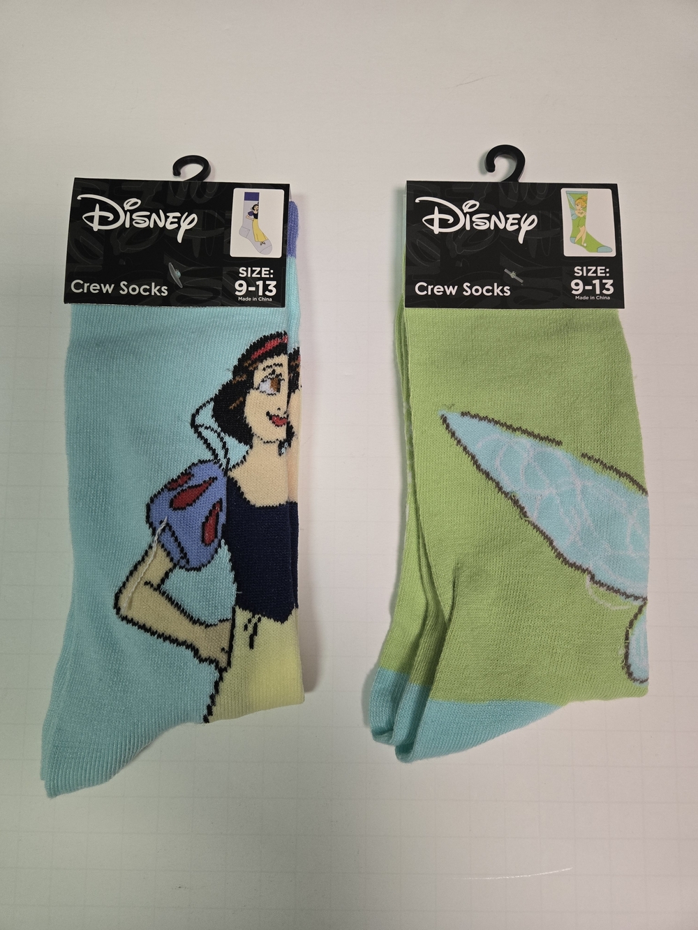 2 PAIR Disney Crew Socks - Snow White & Tinker Bell, Aqua/Light Green